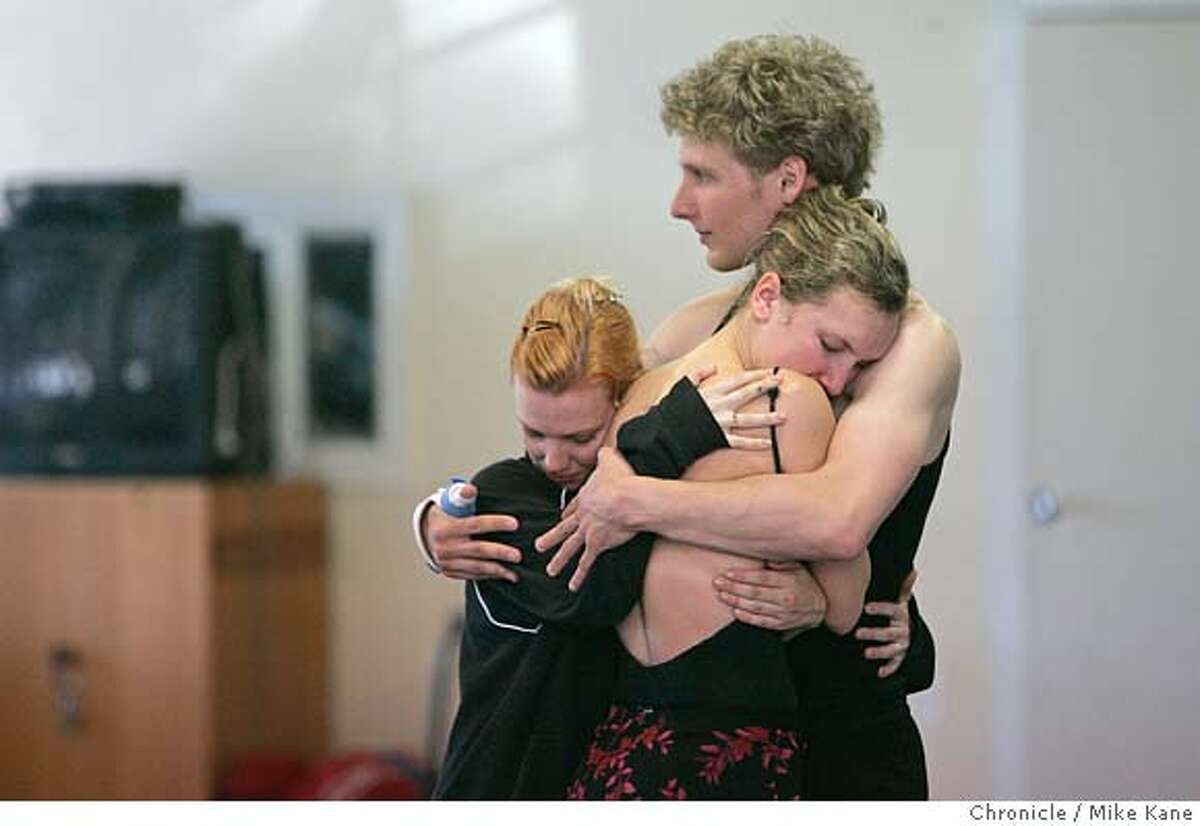 Smuin Ballett dancers Erin Yarborough, from left, Robin Cornwell and Aaron Thayer embrace during rehearsal at City Ballet School the day after the death of choreographer and company founder Michael Smuin in San Francisco, CA, on Tuesday, April, 24, 2007. photo taken: 4/24/07 Mike Kane / The Chronicle **Robin Cornwell Aaron Thayer Erin Yarborough