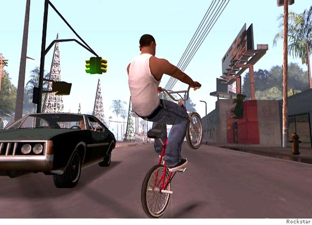 (NYT27) UNDATED -- Nov. 10, 2004 -- CIR-GAME-THEORY-2 -- It�s still a thug�s life in the latest offering in the Grand Theft Auto series, SAN ANDREAS, hugely popular since 2001. CJ pulling a wheelie on the BMX bike down in East Los Santos. Full 360 degree spins and flips are possible on the bike. (The New York Times) Ran on: 11-19-2004 This GTA: San Andreas hood is a take on Pacific Heights. XNYZ
