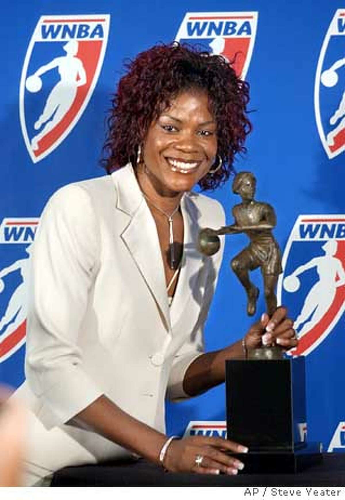 *** FILE *** Sheryl Swoopes poses with the WNBA Most Valuable Player award after receiving the honor for the third time during a news conference in Sacramento, Calif., Sunday, Sept. 18, 2005. Swoopes is opening up about being a lesbian, telling a magazine that she's "tired of having to hide my feelings about the person I care about." Swoopes, honored last month as the WNBA's Most Valuable Player, told ESPN The Magazine for a story on newsstands Wednesday Oct. 26, 2005 that she didn't always know she was gay and fears that coming out could jeopardize her status as a role model. (AP Photo/Steve Yeater)