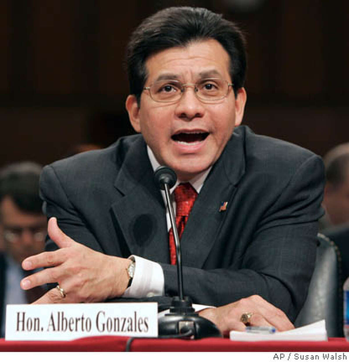 Attorney General Alberto Gonzales testifies before the Senate Judiciary Committee in the U. S. Capitol in Washington Thursday, April 19, 2007 about the controversial dismissal of eight U.S. attorneys. (AP Photo/Susan Walsh)