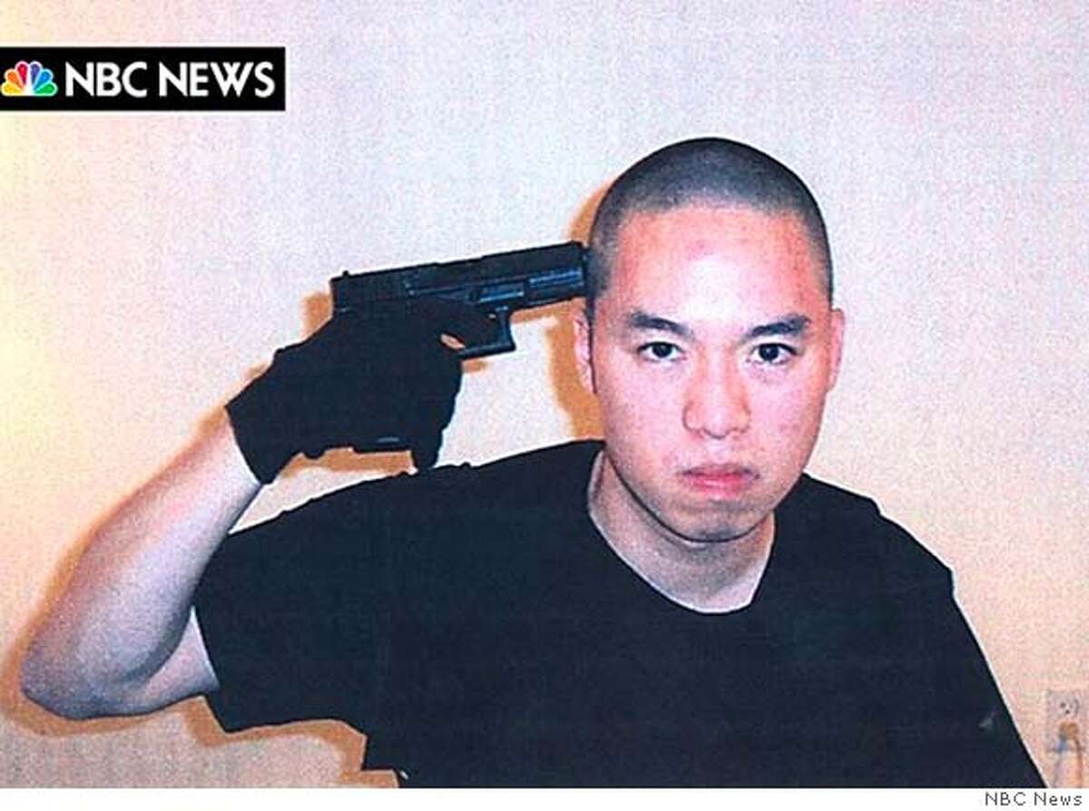 An image that NBC News say they received from Cho Seung-Hui, the shooter in the Virginia Tech shootings, is seen posted on MSNBC.COM, April 18, 2007. The gunman who went on a deadly rampage at Virginia Tech university this week paused between shootings to mail a rambling account of grievances, photos and videos to NBC, the network said. REUTERS/Courtesy of NBC News/Handout (UNITED STATES). MANDATORY CREDIT. EDITORIAL USE ONLY. NOT FOR SALE FOR MARKETING OR ADVERTISING CAMPAIGNS. NO ARCHIVES. NO SALES. EUO NARCH NOSALES