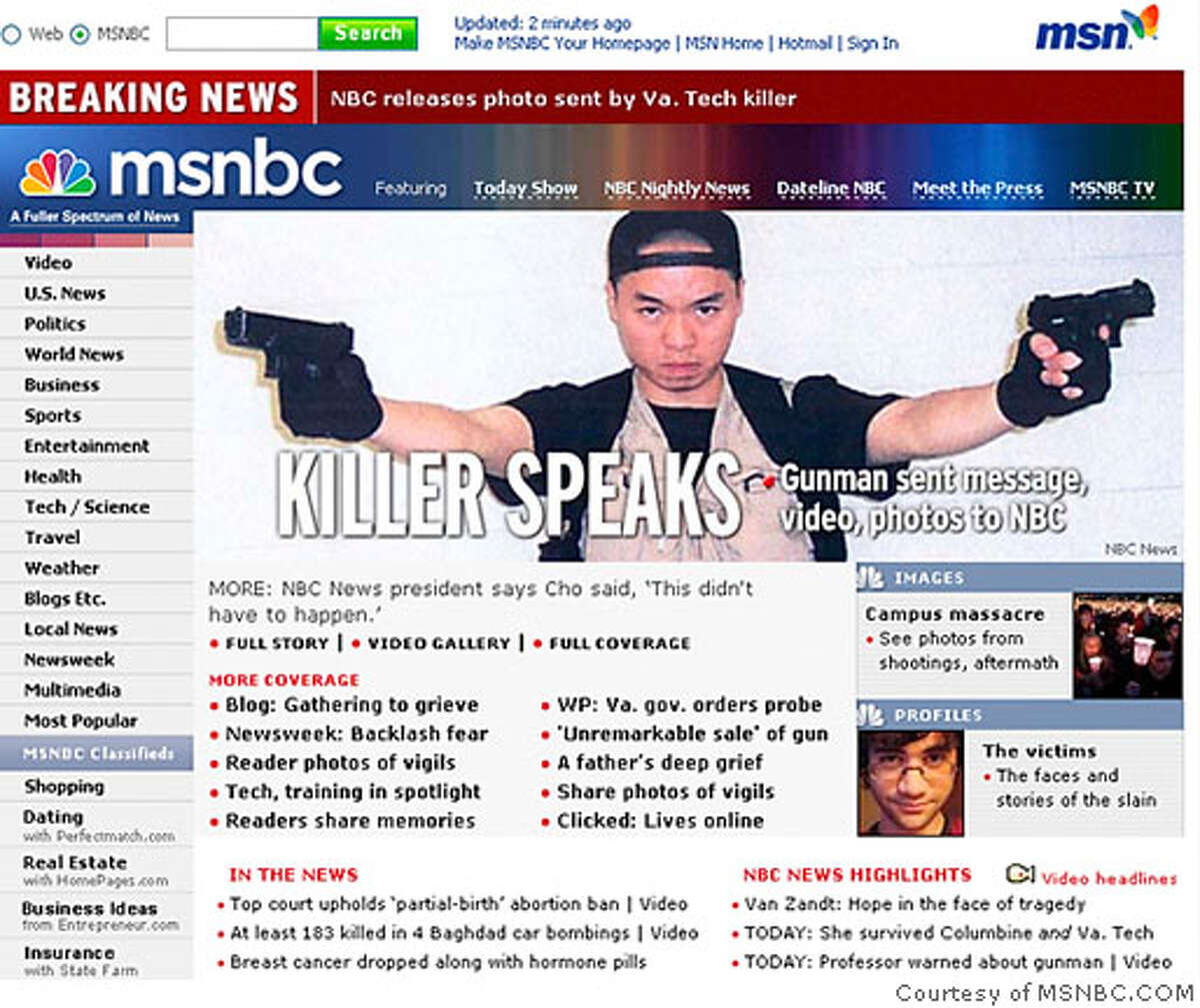 The front page of MSNBC.COM is seen after NBC News posted a picture they say was received from Cho Seung-Hui, the shooter in the Virginia Tech shootings, April 18, 2007. The gunman who went on a deadly rampage at Virginia Tech university this week paused between shootings to mail a rambling account of grievances, photos and videos to NBC, the network said. REUTERS/Courtesy of MSNBC.COM/Handout (UNITED STATES). EDITORIAL USE ONLY. NOT FOR SALE FOR MARKETING OR ADVERTISING CAMPAIGNS. NO ARCHIVES. NO SALES.