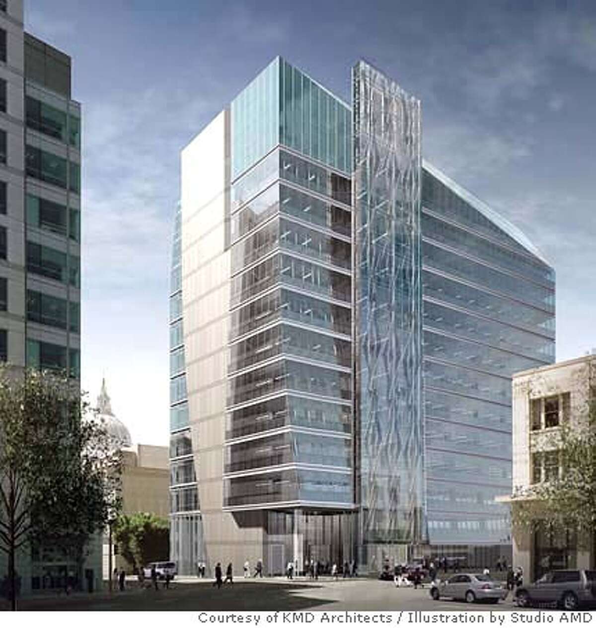 New SFPUC Administration Office Building at 525 Golden Gate Avenue viewed from the northeast corner at the Federal Building Plaza. Credit: Courtesy of KMD Architects, illustration by Studio AMD