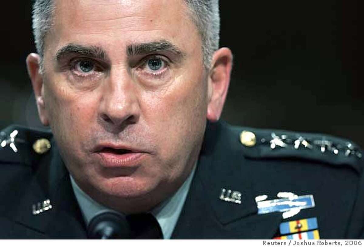 Army General John Abizaid, commander of the United States Central Command, testifies to the Senate Armed Services Committee on Iraq, Afghanistan and the War on Terror, during a hearing on Capitol Hill in Washington August 3, 2006. Abizaid was joined by Secretary of Defense Donald Rumsfeld and Chairman of the Joint Chiefs of Staff General Peter Pace. REUTERS/Joshua Roberts (UNITED STATES) Ran on: 08-04-2006 Secretary of Defense Donald Rumsfeld (left), Sen. Hillary Rodham Clinton, D-N.Y., Sen. Ted Kennedy, D-Mass., and Gen. Peter Pace, chairman of the Joint Chiefs of Staff, move into position for a hearing on the Iraq war before the Senate Armed Services Committee on Capitol Hill. Ran on: 08-04-2006 Ran on: 08-04-2006 Secretary of Defense Donald Rumsfeld (left), Sen. Hillary Rodham Clinton, D-N.Y., Sen. Ted Kennedy, D-Mass., and Gen. Peter Pace, chairman of the Joint Chiefs of Staff, move into position for a hearing on the Iraq war before the Senate Armed Services Committee on Capitol Hill. 0