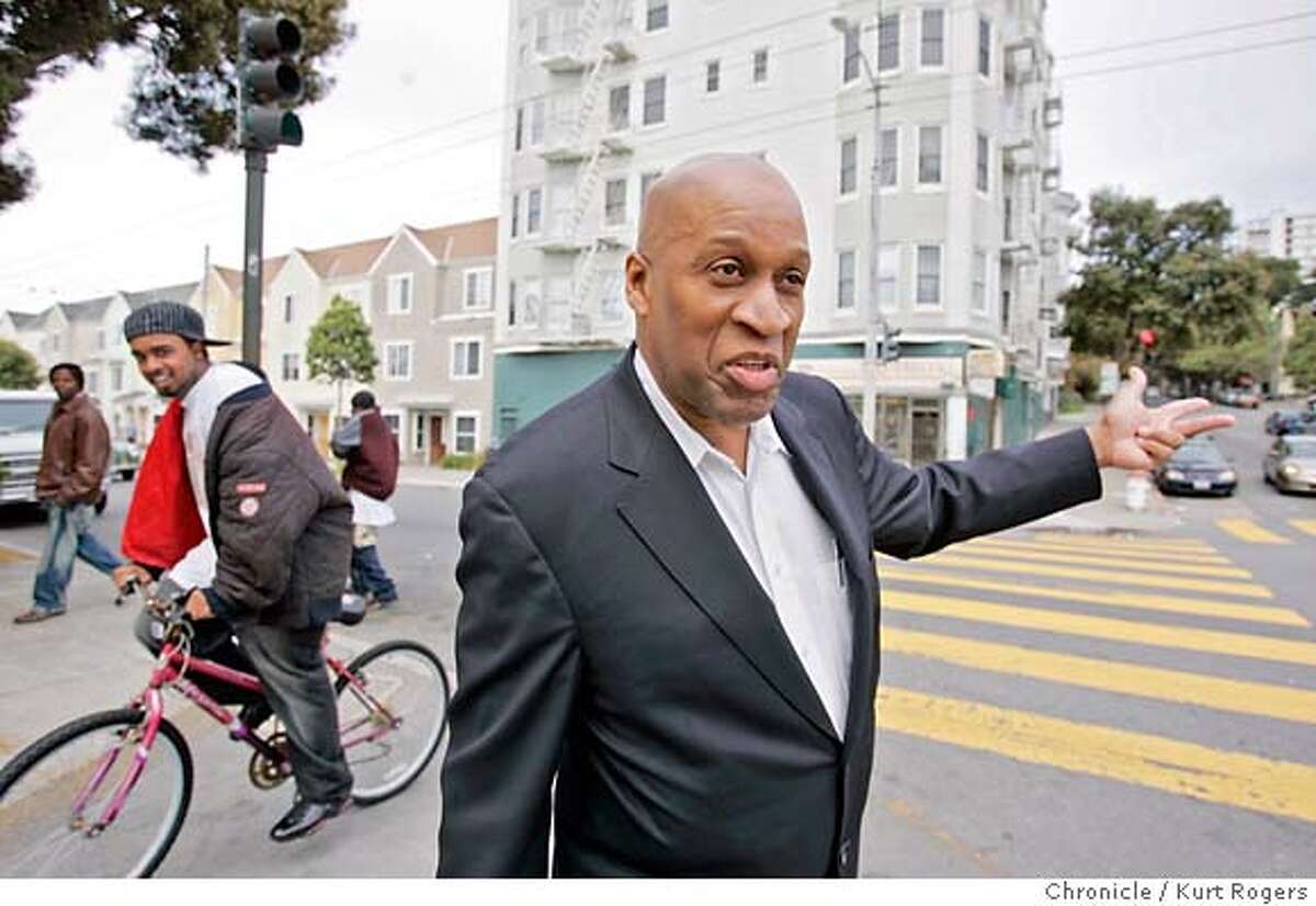 Joseph Blue stands at the corner of Eddy and Laguna st in San Francisco where he says the black community is being squeezed out. Joseph Blue who is the the CEO of Blue Realty Group walks through the Western Addition where he has lived for more than 20 years. He says that the middle class is gone and all that is left is the poor black. He says its only going to get worse. THURSDAY, APRIL 5, 2007 KURT ROGERS SAN FRANCISCO THE CHRONICLE KURT ROGERS/THE CHRONICLE EXODUS09_0051_kr.jpg MANDATORY CREDIT FOR PHOTOG AND SF CHRONICLE / NO SALES-MAGS OUT