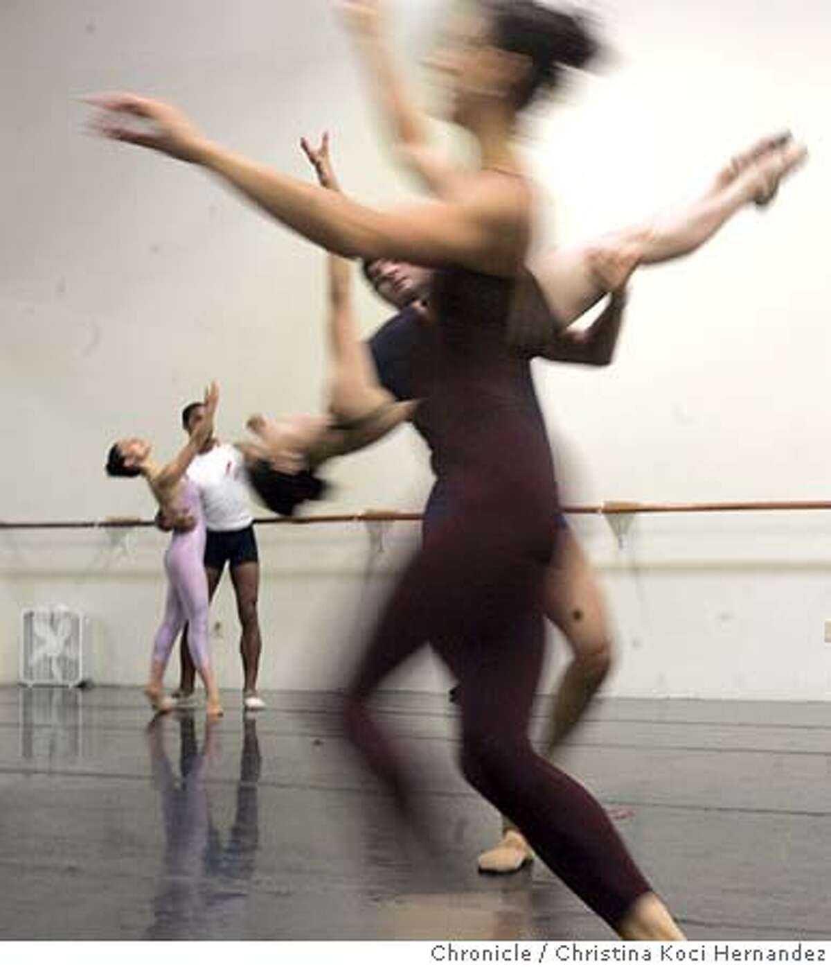 CHRISTINA KOCI HERNANDEZ/CHRONICLE (center couple) Carlos Venturo holds Phaedra Jarrett during rehearsal of "Double Happiness."The Oakland Ballet went into hibernation last year due to financial problems. Now the company is preparing to come back with a gala on Oct. Our story will be about the rise and fall and maybe rise of the Oakland Ballet as well as a profile of its artistic Director Karen Brown, a former principal with Dance Theater of Harlem who has sacrificed financial success for this company. We shoot a rehearsal of dancers as well as candid and profile shots of Karen Brown and other persons who might be important to story.