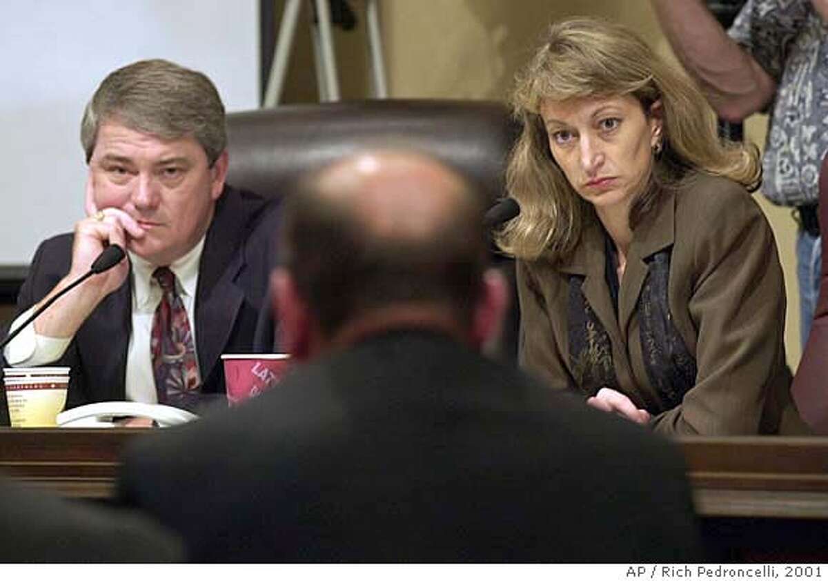 California state Sen. Bill Morrow, R-Oceanside, left, and state Sen. Debra Bowen, D-Marina del Rey, listen to testimony from former San Diego Gas & Electric employee Glenn Johnson, back to camera at center, during a hearing of the state Senate Select Committee to Investigate Price Manipulation, Friday, June 22, 2001, at the Capitol in Sacramento, Calif. Johnson, a former mechanic who worked under contract at Duke Energy's South Bay Power plant, in San Diego, told the committee that he was ordered to shut down machinery for unneeded repairs and to do so when he didn't have the ncessary parts available. (AP Photo/Rich Pedroncelli) ALSO RAN 7/29/02, 2/24/03 Ran on: 03-02-2005 State Sen. Debra Bowen says identity theft is gaining attention in Sacramento. Ran on: 12-04-2005 Top GOP contenders: Bill Morrow (top left), Howard Kaloogian (above) and Brian Bilbray. ALSO Ran on: 12-04-2005 Top GOP contenders: Bill Morrow (top left), Howard Kaloogian (above) and Brian Bilbray.Ran on: 04-23-2006 Debra Bowen, a state senator from Marina del Rey, is seeking the Democratic nomination for secretary of state. CAT