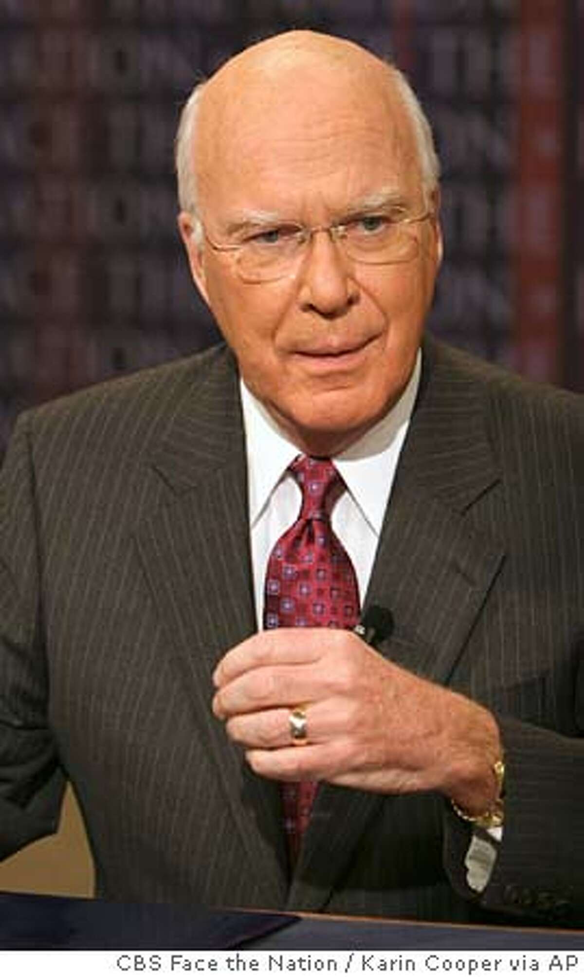 Sen. Patrick Leahy, D-Vt., gestures on the set of CBS' "Face the Nation" Sunday, Sept. 18, 2005, in Washington. President Bush will meet with Leahy and other top members of the Senate Judiciary Committee on Wednesday, Sept. 21, to talk about the next Supreme Court nominee. Leahy said he expects to hear specific names from the president at the White House breakfast meeting. (AP Photo/CBS Face the Nation, Karin Cooper) ** MANDATORY CREDIT NO ARCHIVES ** MANDATORY CREDIT: FACE THE NATION, KARIN COOPER NO ARCHIVES
