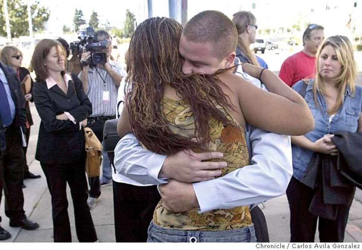 ARAUJO_005_CG.JPG Jason Cazares is congratulated by family and friends after leaving the courthouse following the verdict in the murder case of Gwen Araujo. Reaction to the Eddie "Gwen" Araujo verdict at the Alameda County Courthouse in Hayward, Ca., on Monday, September 12, 2005. The jury reached a verdict of guilty on second degree murder charges against Michael Magidson, Jose Merel and declared a mistrial against defendant, Jason Cazares for the Oct. 3, 2002, slaying of 17-year-old Gwen Araujo. Photo by Carlos Avila Gonzalez / The San Francisco Chronicle Photo taken on 9/12/05, in Hayward,CA.