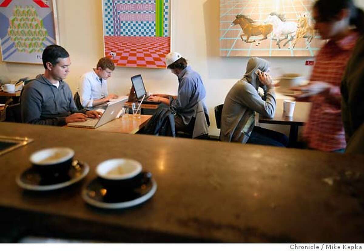 bedouins0400305_mk.JPG San Francisco�s bedouin workforce sees no need to pay rent when they can just as easily use a cell phone and a laptop and hold all their meetings in a coffee shops like Ritual Roasters in the San Francisco's Mission district. The San Francisco coffeehouse is the new Palo Alto garage, some of them say, incubating a wide variety of innovation from entrepreneurs. Mike Kepka / The Chronicle (cq) the source MANDATORY CREDIT FOR PHOTOG AND SF CHRONICLE/NO SALES-MAGS OUT