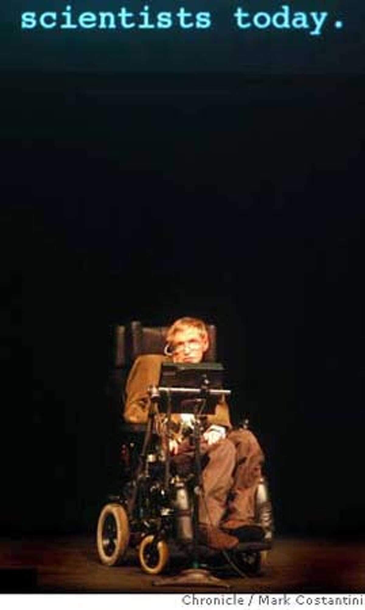 Physicist Stephen Hawking appears live in Berkeley. He addresses a sold-out crowd of 2k at Zellerbach Hall for the annual Oppenheimer Lecture in Physics. A second venue, Wheeler Hall, has sold out 700 seats for a simulcast. photo taken on 3/13/07 ( Mark Costantini / The Chronicle ) Stephen Hawking (cq)