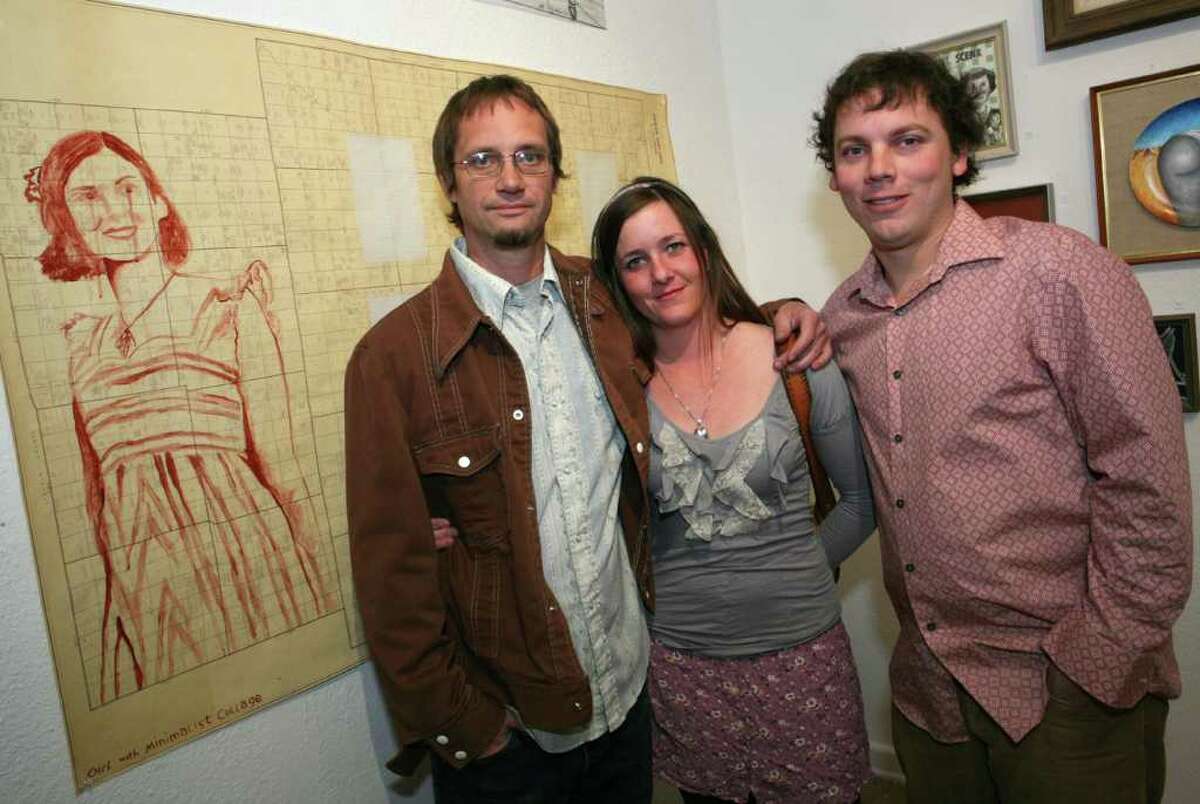 “Jeff Wheeler’s Newfangled Notions”: Artist Jeff Wheeler (from left), guest Maisie Alford and gallery owner Justin Parr get together during the opening reception at Fl!ght Gallery.