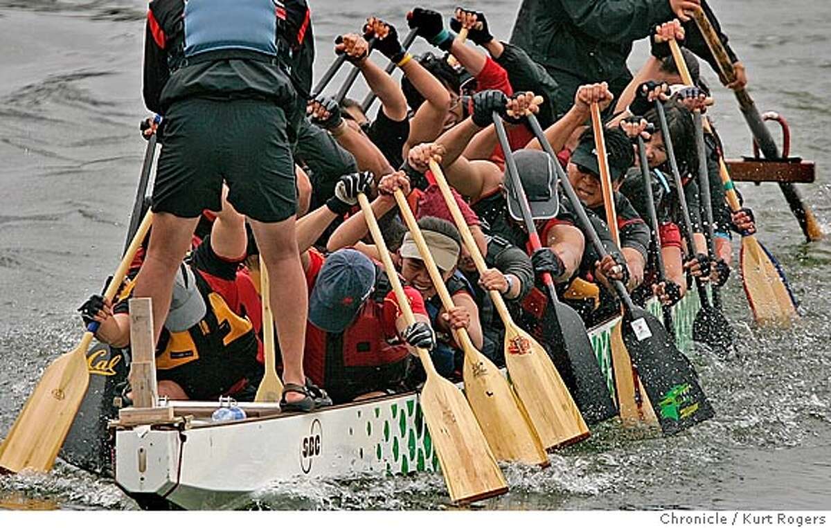 San Francisco will host the largest competitive dragon boat festival in the United States, at Treasure Island. In preparation for the event Dragon boats were brought to lake Merced and crews from around the area took turns with the boats. 8/20/05 in San Francisco,CA. KURT ROGERS/THE CHRONICLE