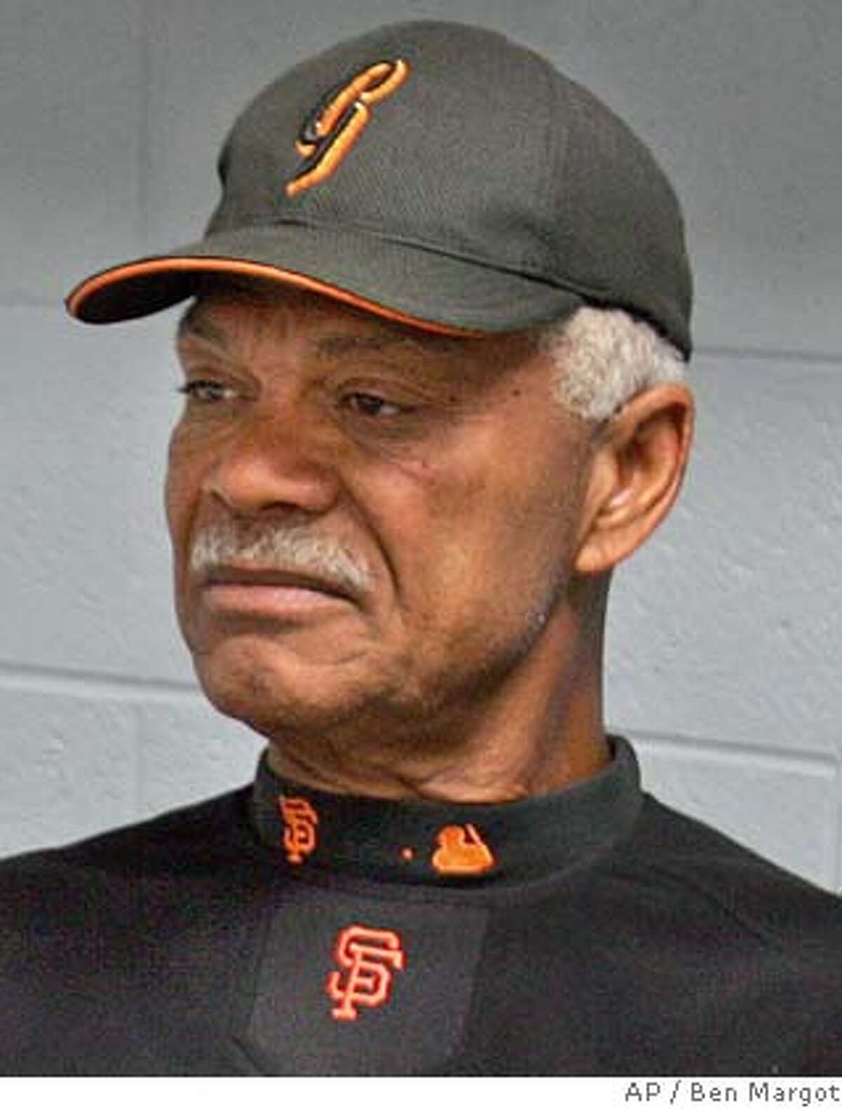 San Francisco Giants' manager Felipe Alou gestures during a news conference in his Scottsdale Stadium office Thursday, March 17, 2005, in Scottsdale, Ariz. The Giants announced that their star left fielder, Barry Bonds, underwent a second operation on his right knee this morning. (AP Photo/Ben Margot) Ran on: 03-31-2005