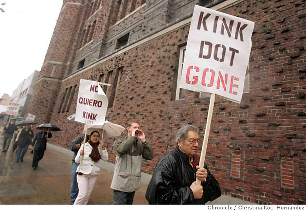 With "Kink Dot Gone" sign, Robert Correa, who lives in this neighborhood, protests outside this new porno business. Community rally and demonstration at the historic Mission Armory to stop from using the building to film violent pornography. This use of the historic building surrounded by schools, senior centers, family housing, churches and local businesses is totally inappropriate for the neighborhood. The Mission Armory Collective is protesting the use of the historic Mission Armory as a studio for violent pornography. Without consulting the community, the City of San Francisco has given permission to to shoot its S&M and bondage videos in an historic building surrounded by churches, schools, senior centers, community centers, family housing and nonprofit organizations.(CHRISTINA KOCI HERNANDEZ/CHRONICLE)