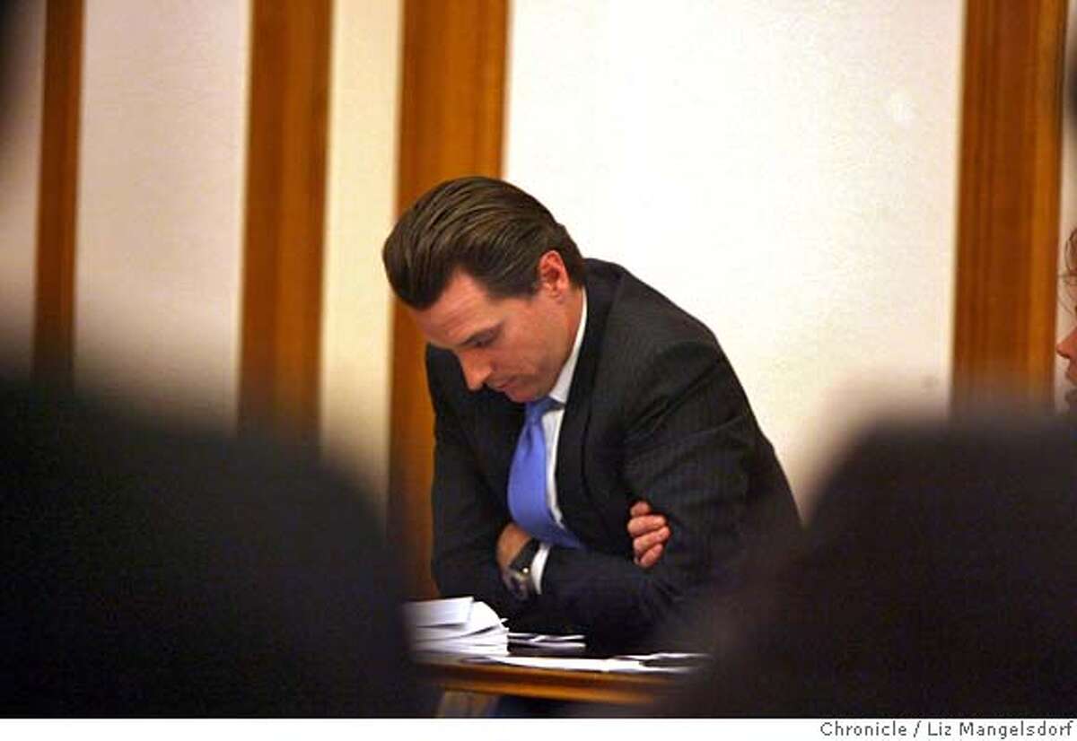 Mayor Gavin Newsom attends a SF Stat meeting at San Francisco City Hall on Feb. 5, 2007, after releasing a press release saying he had stopped drinking. SF Stat is a monthly meeting on city statistics. Liz Mangelsdorf/ SF Chronicle Ran on: 02-06-2007 Mayor Gavin Newsom attends a meeting of SF Stat, a program he created to track city statistics, after he told his department heads that he has quit drinking. He does not plan to step down.