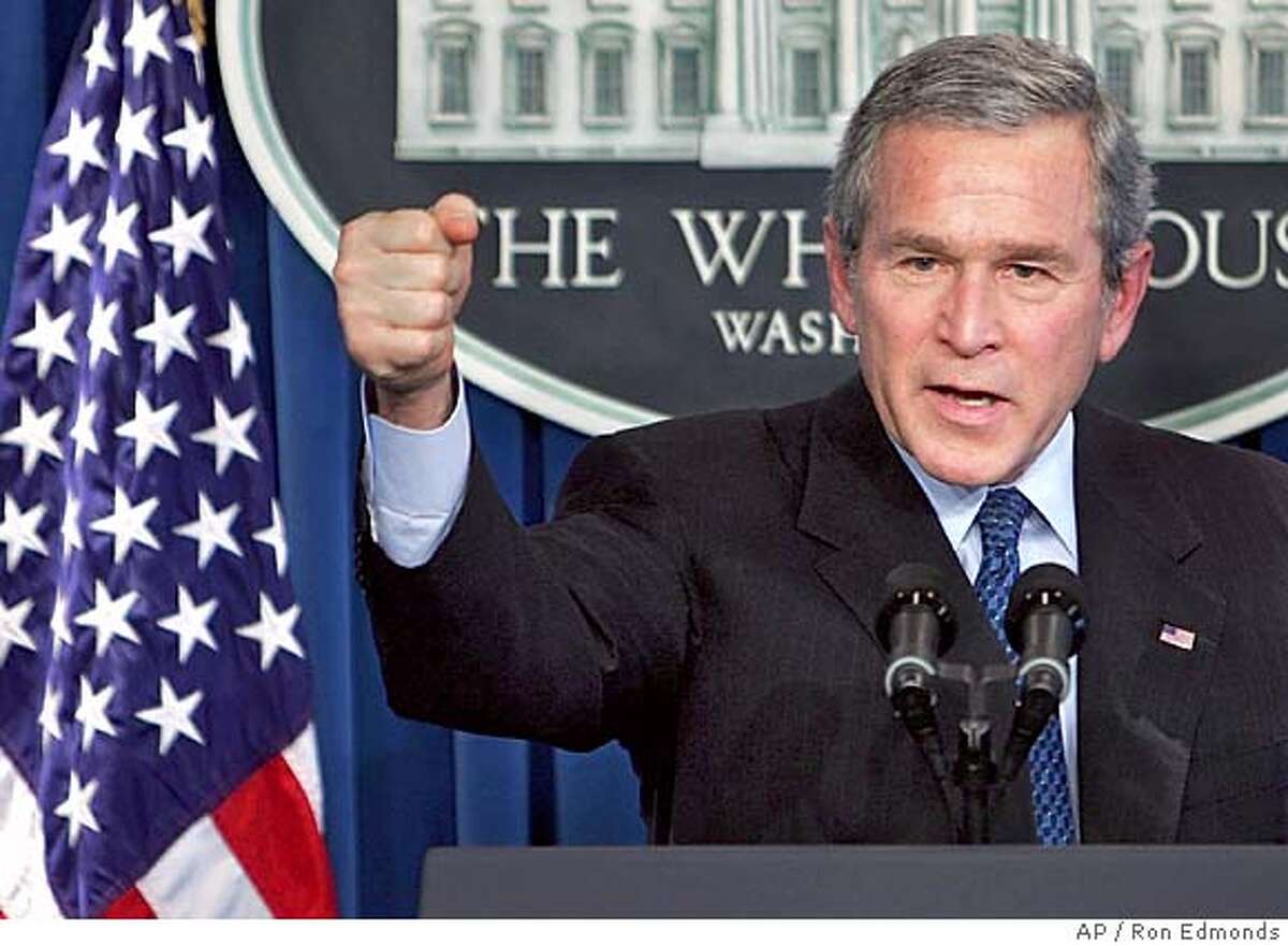 President Bush told reporters, Wednesday, Jan. 26, 2005, that he is leading the nation toward an honorable goal in Iraq and across the world. "I firmly planted the flag of liberty," he said during a press conference in the White House press room. (AP Photo/Ron Edmonds) Ran on: 01-27-2005 President Bush says the deaths of dozens of U.S. troops in Iraq Wednesday is discouraging but that spreading freedom is vital. Ran on: 01-27-2005 President Bush says the deaths of dozens of U.S. troops in Iraq Wednesday is discouraging but that spreading freedom is vital.