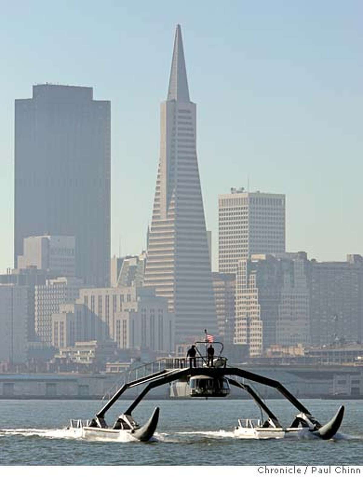 The Proteus, a prototype Wave Adaptive Modular Vessel, during a test run on the bay in San Francisco, Calif. on Thursday, Jan. 18, 2007. The WAM-V, designed and created by Ugo Conti, is 100-feet long and is capable of crossing the ocean. PAUL CHINN/The Chronicle **Ugo Conti