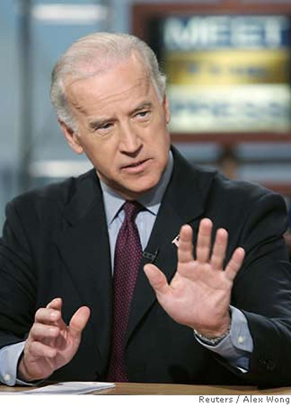 U.S. Sen. Joseph Biden (D-De) speaks during a taping of "Meet the Press" at the NBC studios in Washington January 7, 2007. Biden discussed the current situation in Iraq and whether the U.S. should send more troops. , NO ARCHIVE, MUST USE BEFORE JANUARY 14, 2007, MUST CREDIT "MEET THE PRESS" FOR EDITORIAL USE ONLY REUTERS/Alex Wong/Meet the Press/Handout (UNITED STATES)