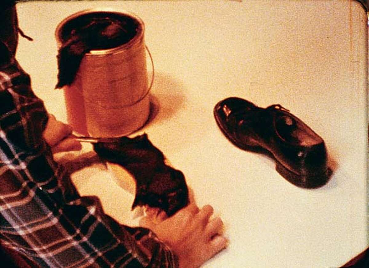 Frame from "Abstracting the Shoe" (1966) 16 mm color film by Bruce Nauman (with William Allan) Courtesy of Richard and Pamela Kramlich and UC Berkeley Art Museum
