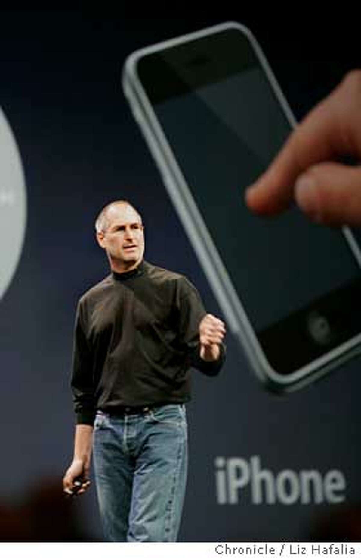 Steve Jobs introduces IPhone at the Apple MacWorld keynote address in Moscone West. Photographed by Liz Hafalia