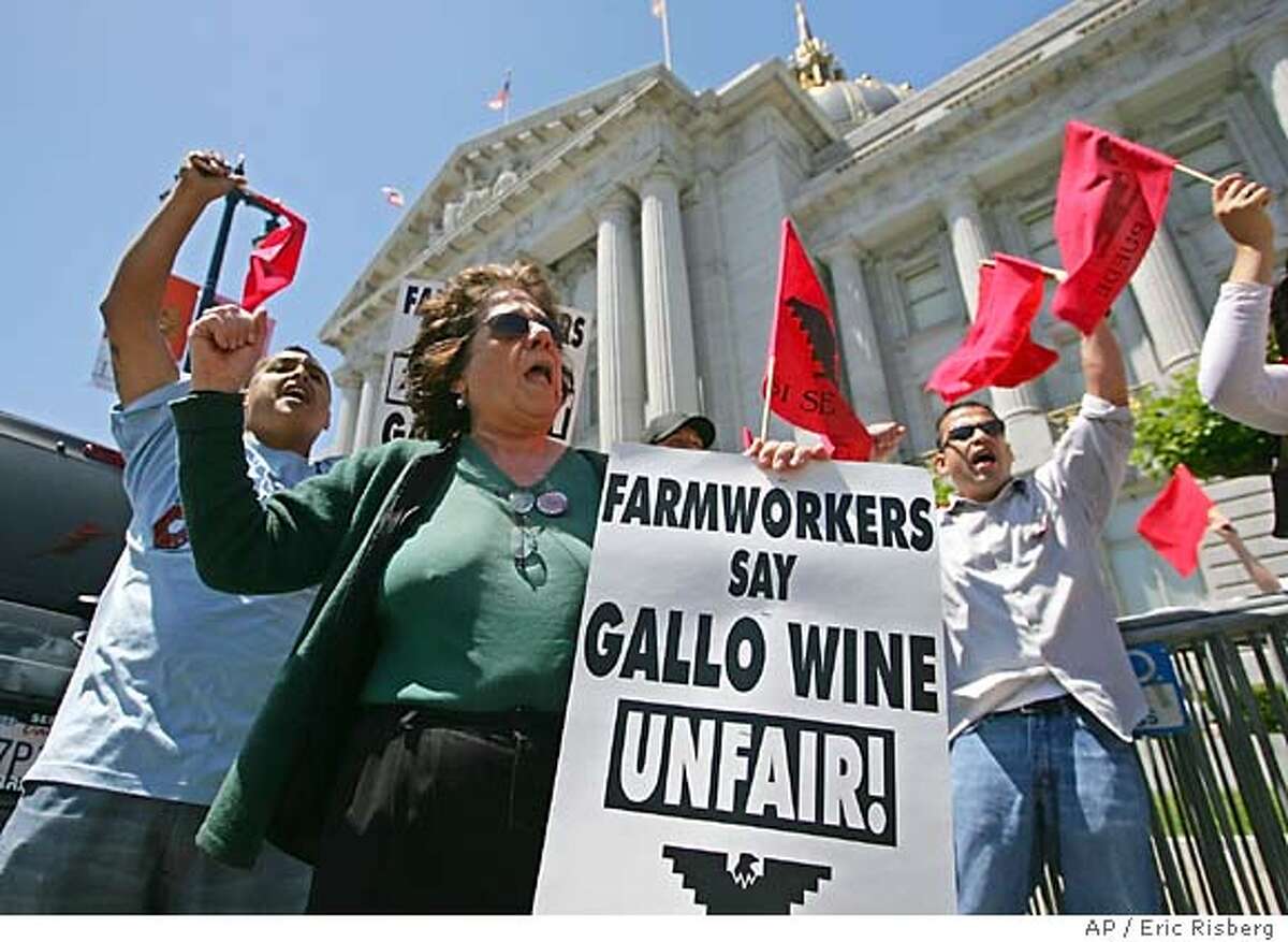 Carla Parera, of Florida, cheers on a boycott of Gallo wines during a rally outside City Hall in San Francisco, Tuesday June 14, 2005. The United Farm Workers union is asking consumers to stop buying Gallo wine, saying the California vintner isn't treating workers fairly in contract negotiations. The rally kicked off the UFW's first major nationwide boycott in more than 20 years.(AP Photo/Eric Risberg)