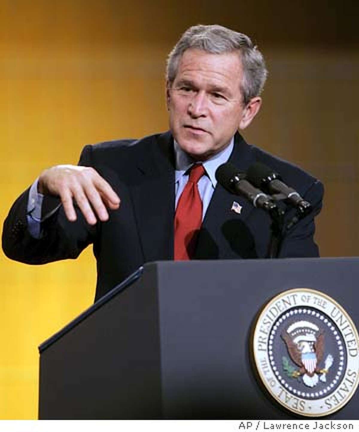 President Bush makes closing remarks at the White House Conference on the Economy: Financial Challenges for Today and Tomorrow, Thursday, Dec. 16, 2004, at the Ronald Reagan Building in Washington. President Bush wraps up a two-day economic conference with sessions on jobs and Social Security reform. (AP Photo/Lawrence Jackson)