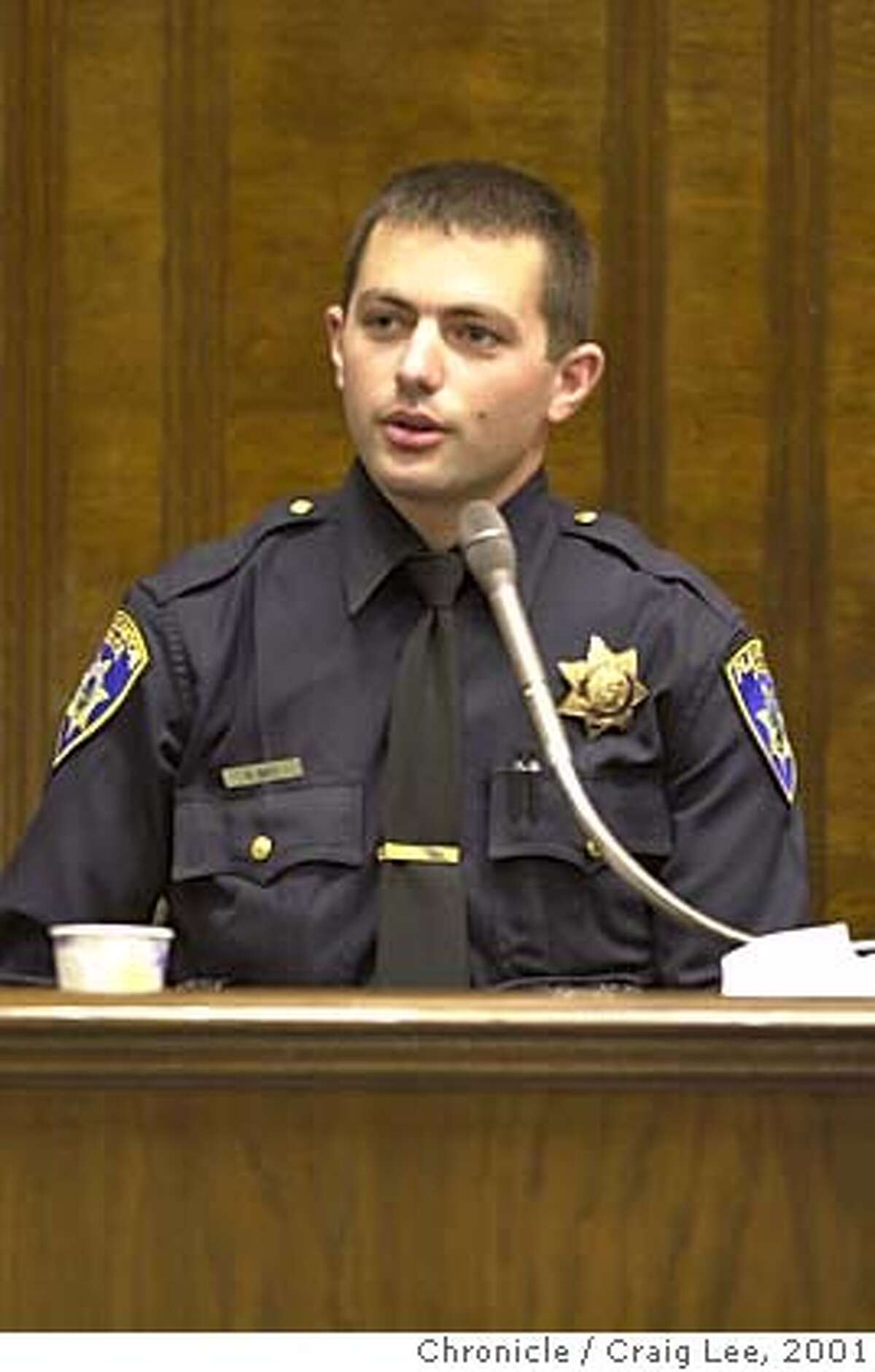 RIDERS08-C-07JUN01-MT-CL Keith Batt, a former rookie Oakland Police Officer, testifies about working with the Riders, a group of four cops charged with corruption based on his tip to superiors that they were planting drugs on suspects and roughing them up on the night shift. Batt now works as a cop in Pleasanton. Photo by Craig Lee/San Francisco Chronicle ALSO RAN 9/18/02, 5/30/03, 10/01/03 CAT w/JURORS