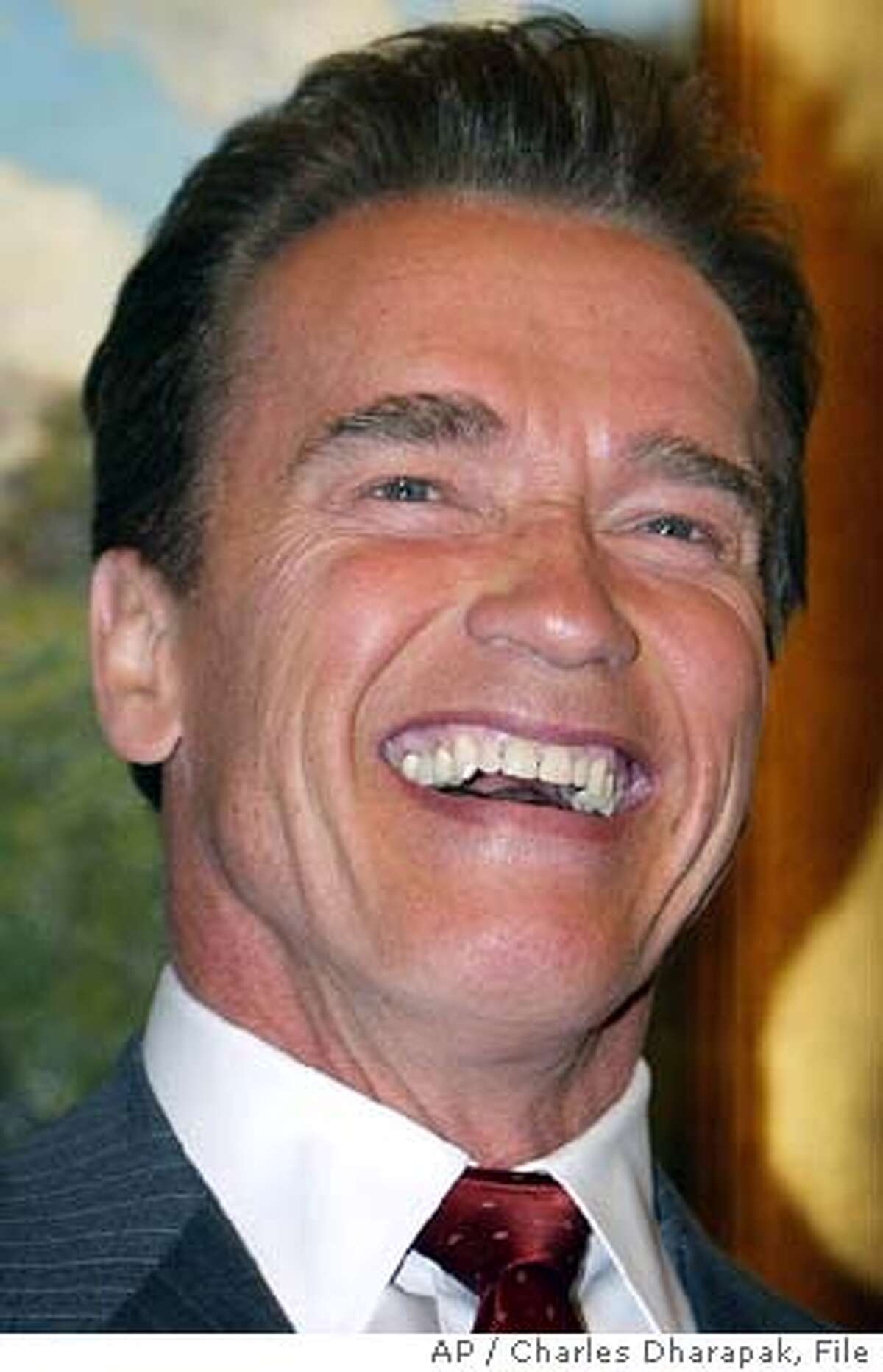 ** FILE **California Gov. Arnold Schwarzenegger reacts to a question while meeting with reporters Feb. 24, 2004, in Washington. . Schwarzenegger will return to the big screen next year to make a cameo in a comedy written and produced by friend Tom Arnold. Schwarzenegger said he's in "The Kid and I" during an appearance Monday, Dec. 13, 2004, on Fox's "The Best Damn Sports Show Period," which is co-hosted by Arnold. (AP Photo/Charles Dharapak, File)