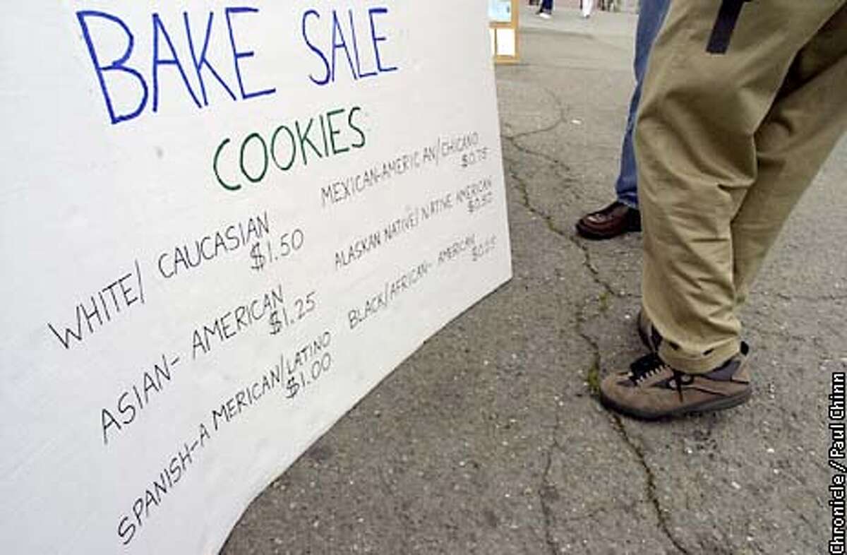 The price on the group's menu ranged from $1.50 for Whites to 25 cents for African-Americans. The Berkeley College Republicans held a bake sale to attack affirmative action practices at UC Berkeley. PAUL CHINN/SF CHRONICLE