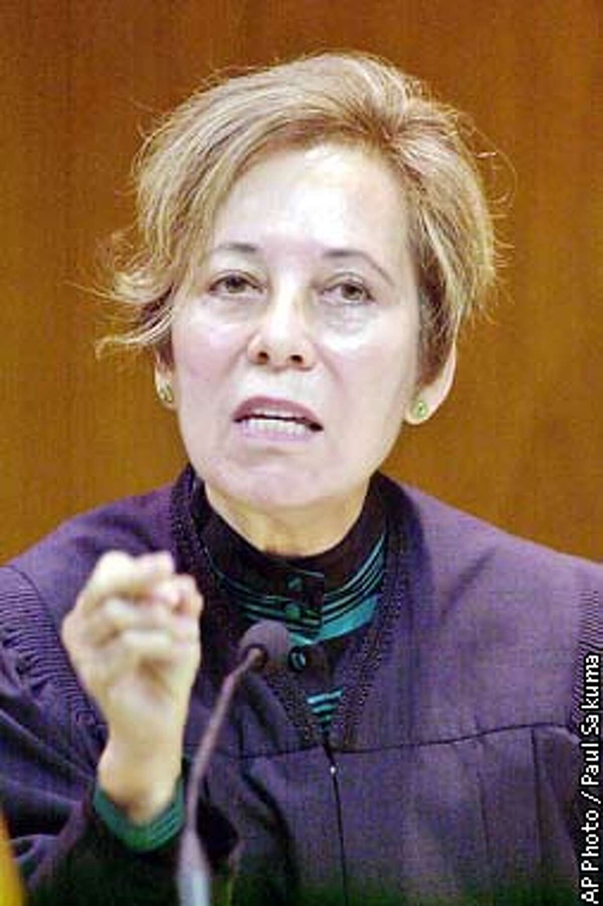 California Supreme Court Justice Joyce Kennard gestures in a courtroom in Fresno, Calif., Tuesday, Oct. 8, 2002. The court begins considering whether the governor has absolute power to overturn the Board of Prison Terms position to parole convicted murderers. (AP Photo/Paul Sakuma)