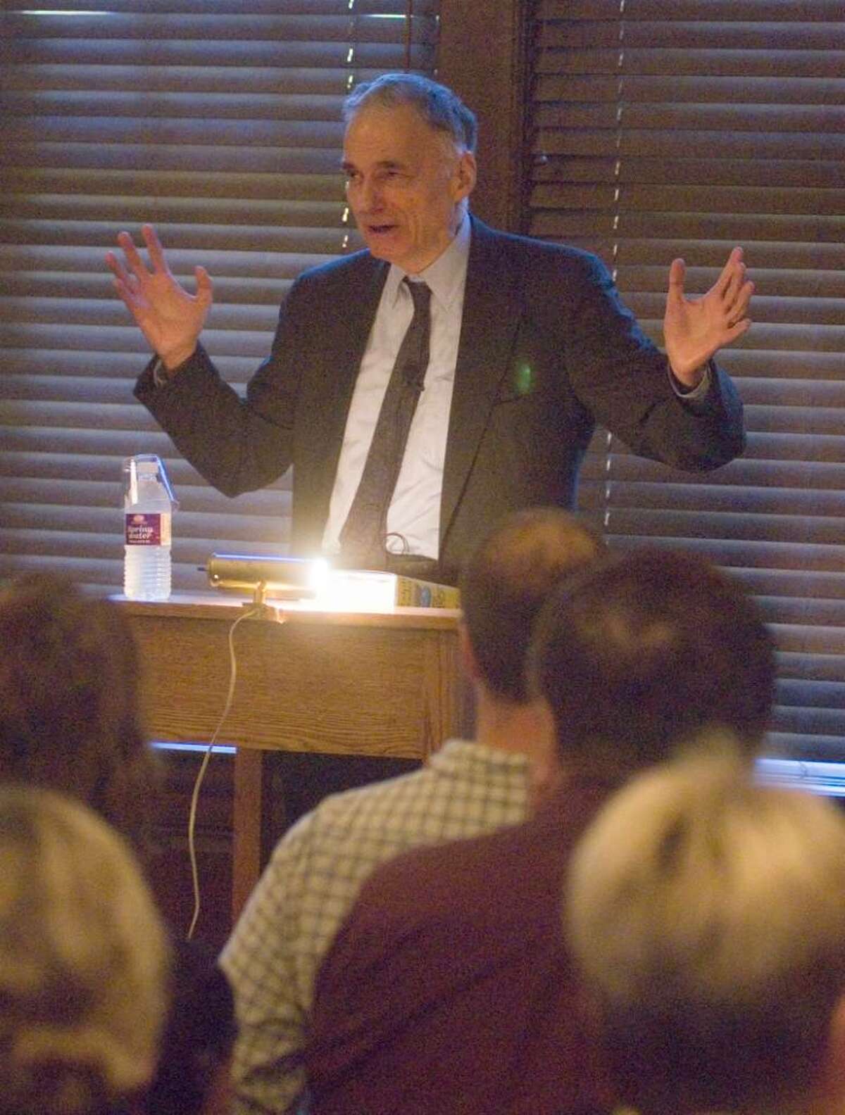Ralph Nader talks about his new book "Only the super-rich can save us" at the Gunn Memorial Library in Washington on Thursday.