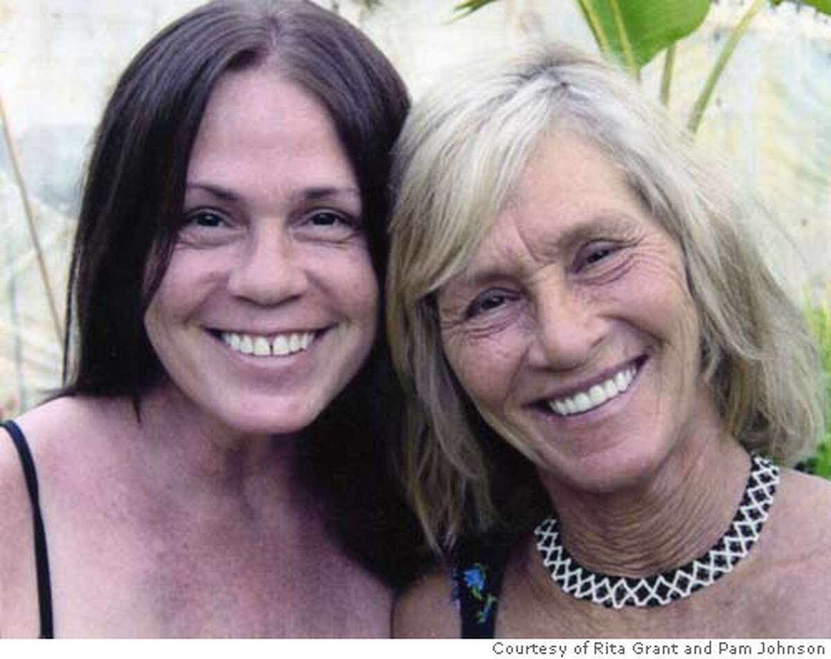 Rita Grant, right, with her sister Pam. Rita was homeless and was rescued from the street by Pam after a story ran in the Chronicle. Rita just got new false death (dentures) donated by a dentist in Florida. Her teeth were all broken and rotted out while she was homeless, so her new dentures have restored her smile. Photo May 2005 courtesy of Rita Grant and Pam Johnson (her sister.)