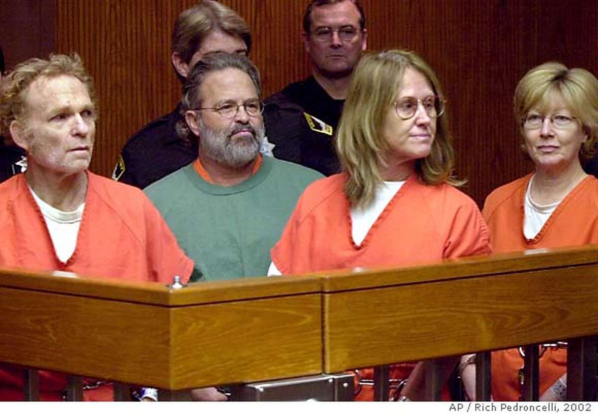 Former Symbionese Liberation Army members Michael Bortin, left, William Harris, center left, Sara Jane Olson, center right, and Emily Harris, right, make another appearance in Superior Court on charges stemming from a 1975 bank robbery and murder, Monday, Feb. 11, 2002 in Sacramento, Calif. The four had their request granted to have their cases consolidated before one judge. Former SLA members (from left) Michael Bortin, William Harris, Sara Jane Olson and Emily Harris were tried in Sacramento in 2002 on charges from a 1975 bank robbery and killing.