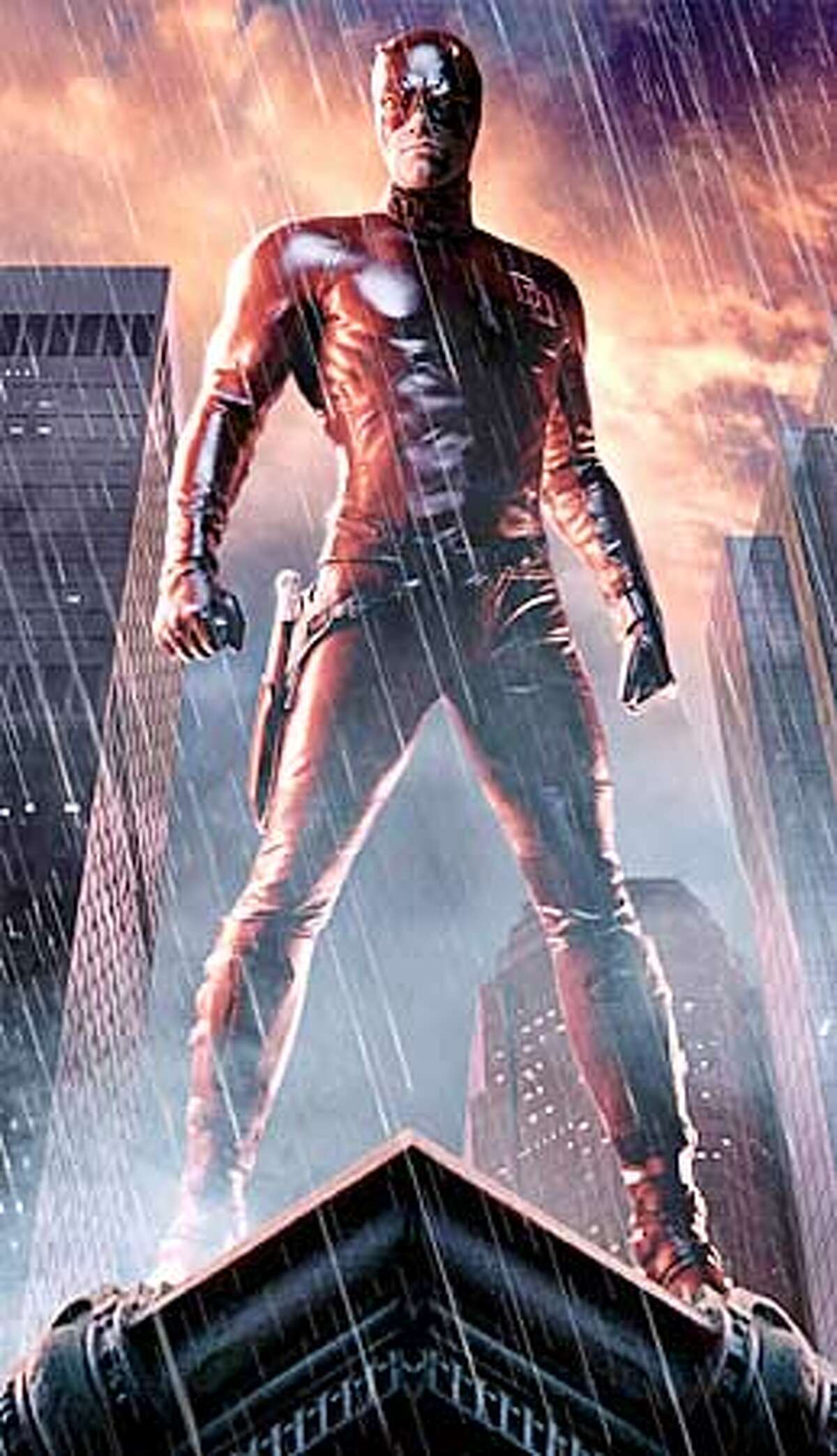 Ben Affleck wears a two-piece leather cat suit in "Daredevil," rather than the red unitard of the comic book character