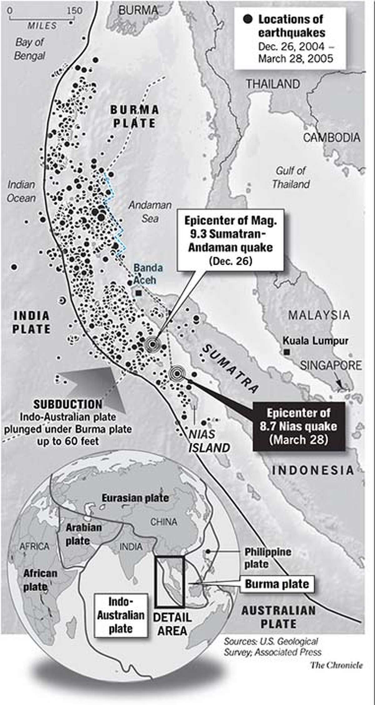 Locations of earthquakes from December 26, 2004 to March 28, 2005. Chronicle Graphic