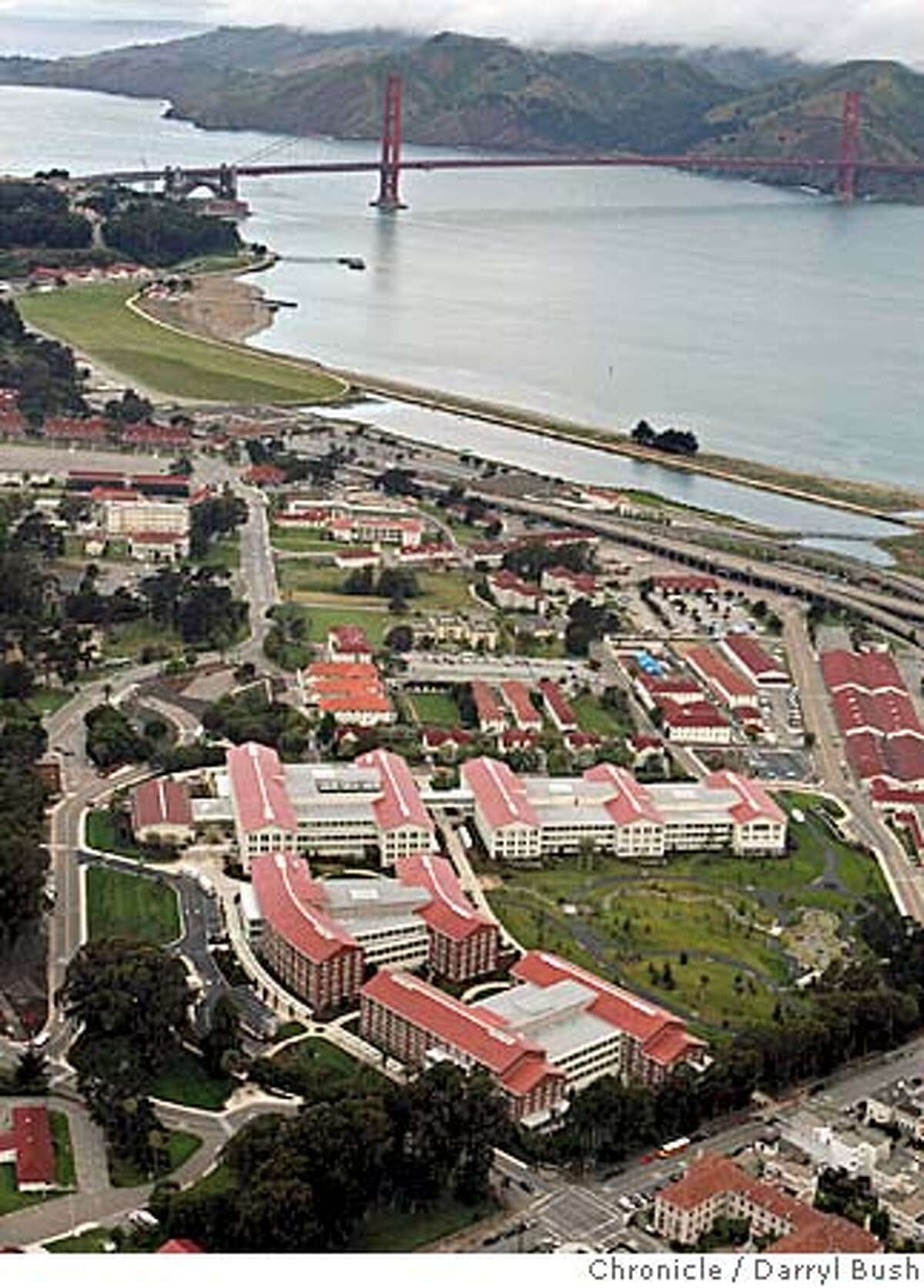 presidio_136_db.jpg Aerial view of George Lucas's new Lucasfilm headquarters; the complex called, "Letterman Digital Arts Center at the Presidio," bottom center with the Golden Gate Bridge in the background, nears completion at the Presidio of San Francisco Golden Gate National Recreation Area. Event on 5/6/05 in San Francisco. Darryl Bush / The Chronicle MANDATORY CREDIT FOR PHOTOG AND SF CHRONICLE/ -MAGS OUT
