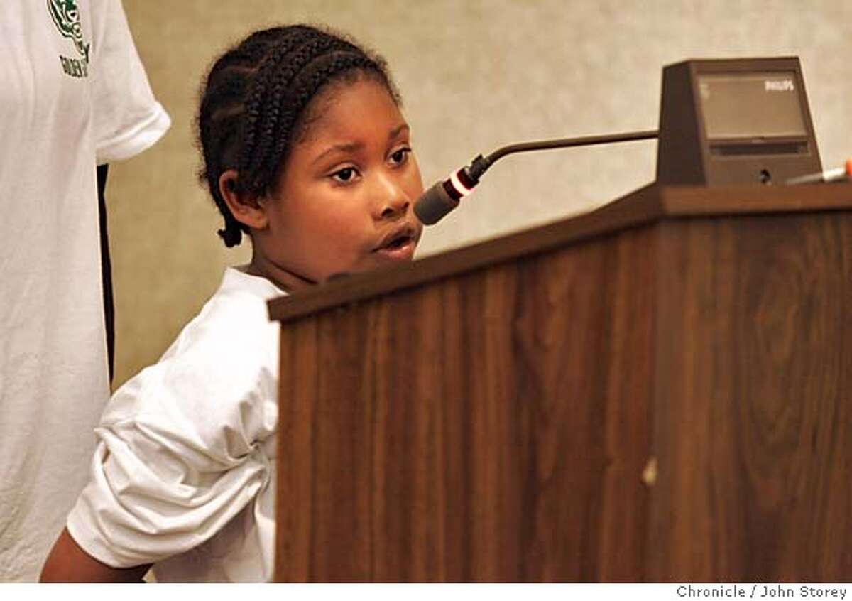 Auzhanee Starks, 6, from Gold Gate Academy speaks before the board.The San Francisco School Board meets to decide to close schools in San Francisco. John Storey San Francisco Event on 4/26/05