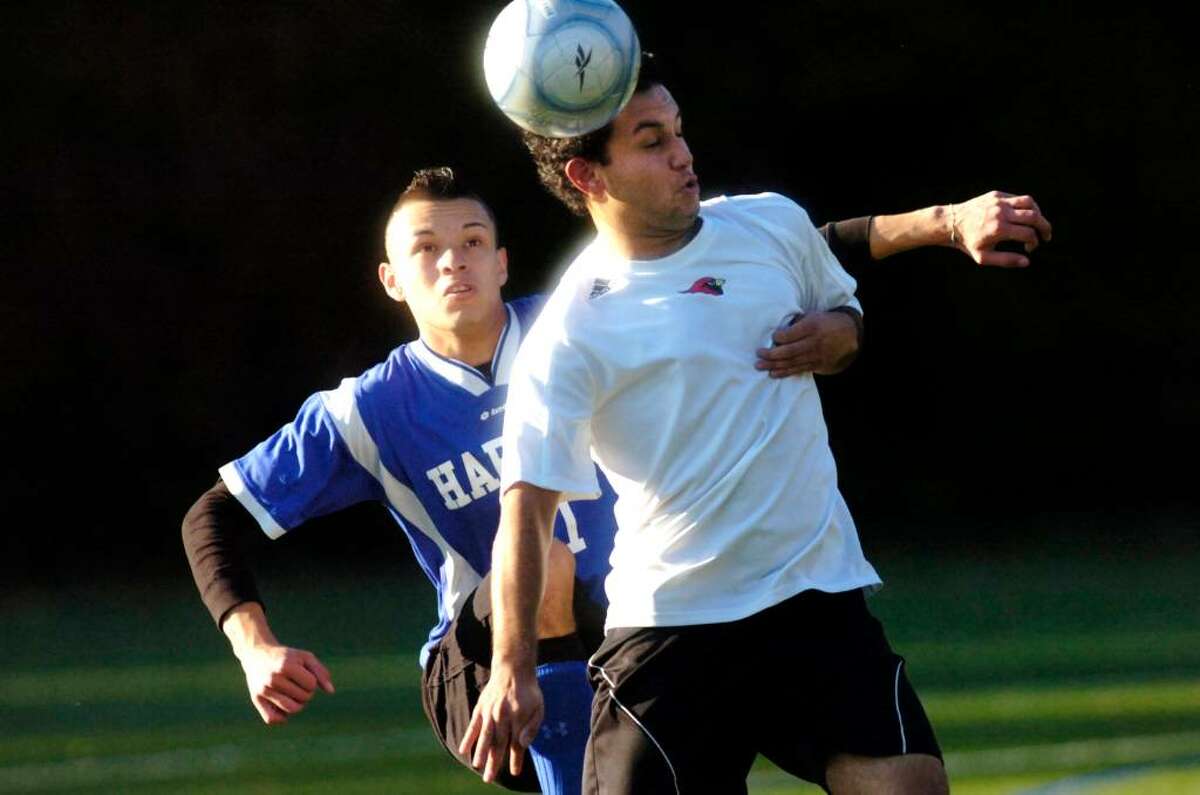 Greenwich's Kevin Habibzadeh outplays Harding's defense for possession as Greenwich High hosts Harding High Thursday afternoon, Oct. 29, 2009.