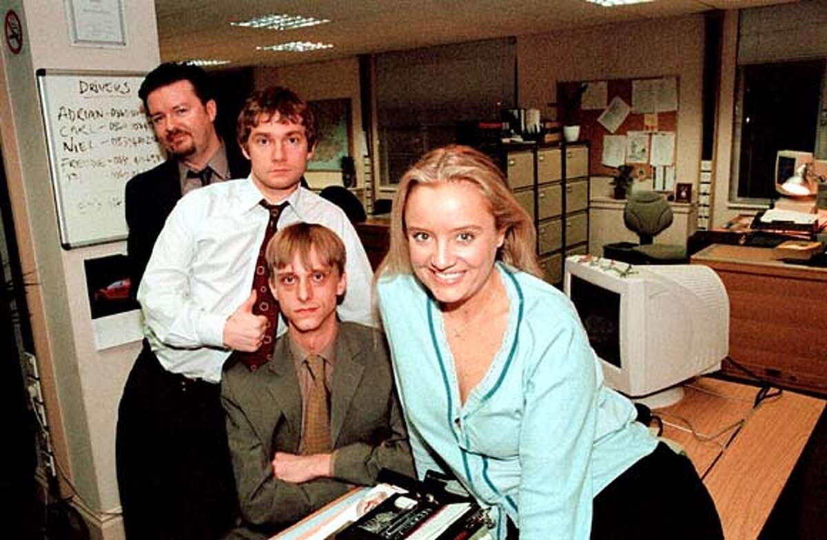 Ricky Gervais (from left), Martin Freeman, Mackenzie Crook and Lucy Davis star in "The Office," a faux-documentary comedy series on BBC America.