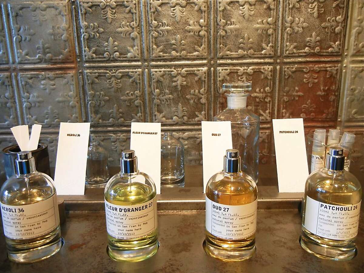 The Le Labo line of perfume is displayed on industrial-style carts in the Fillmore street boutique. Jan 2012. By Catherine Bigelow.