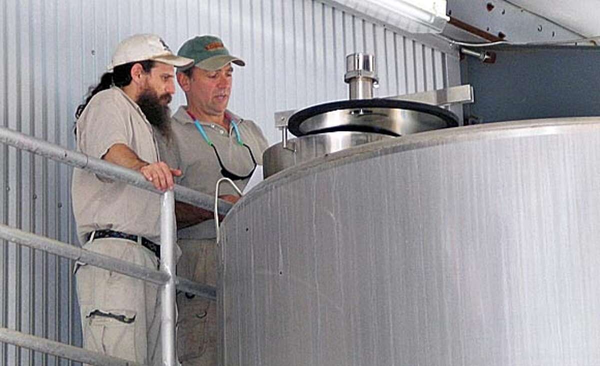 Ernest Weir and the rabbi, David Miller are looking over a fermentation tank at Hagafen Cellars