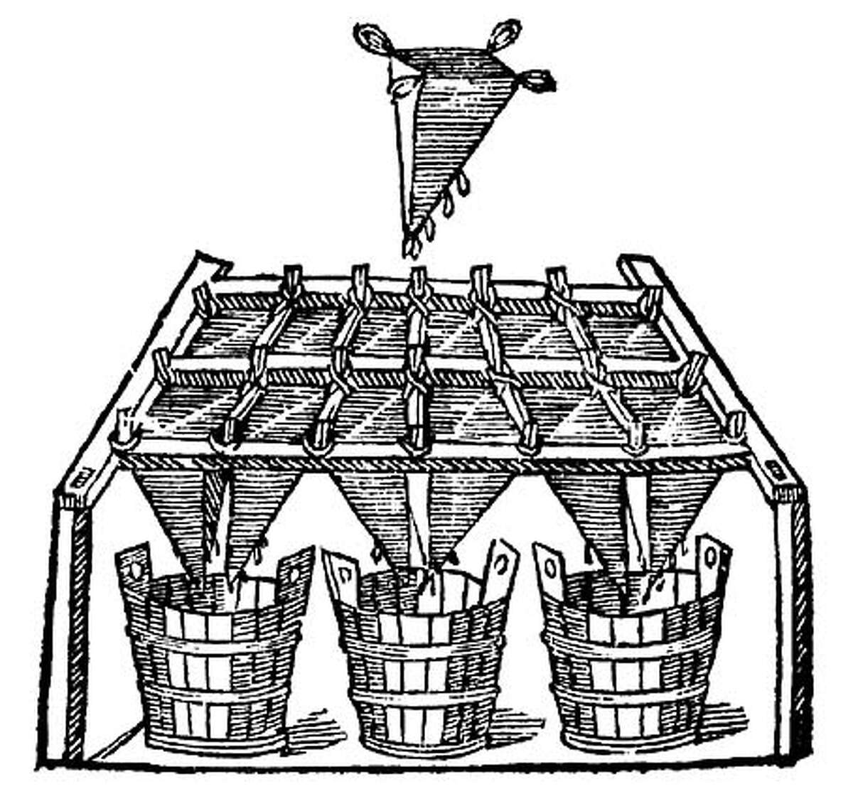 A wine filter shown in a 1572 book on Italian winemaking. Image courtesy of Sean Thackrey