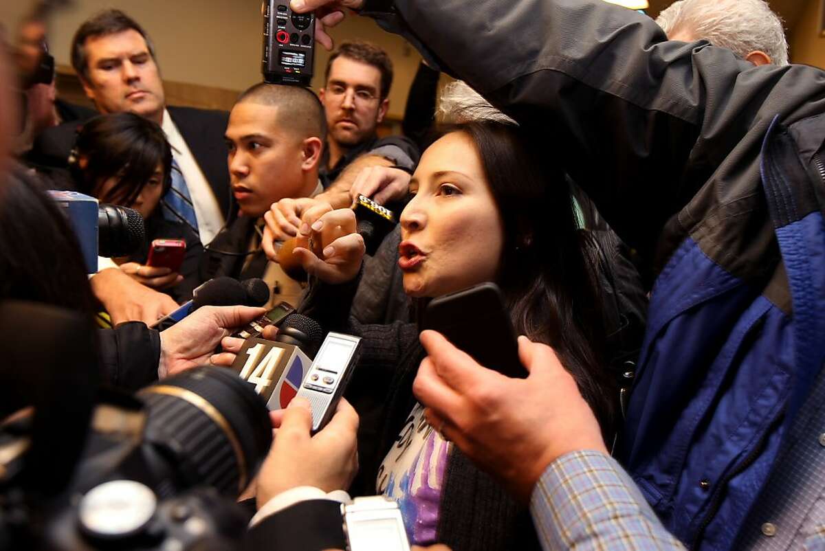 Eliana Lopez talks to the media outside the courtroom, Thursday January 19, 2012, after her husband Sheriff Ross Mirkarimi arraignment in San Francisco, Calif. Ross entered three not- guilty pleas to charges of domestic violence battery, child endangerment and dissuading a witness in connection with a New Year's Eve incident with his wife Eliana Lopez.