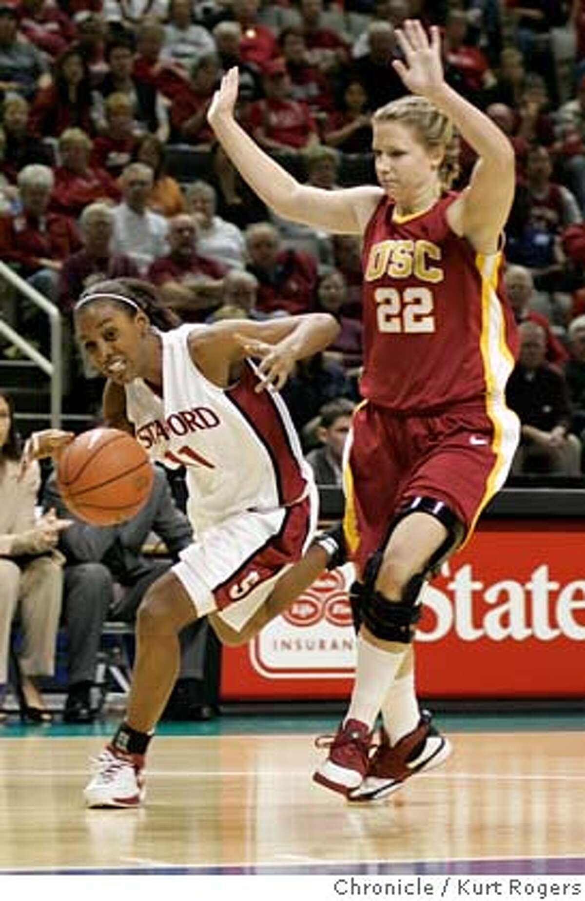 Candice Wiggins is fouled in the first half by USC's Allison Jaskowiak. 2007 PAC-10 Women's Basketball Tournament at HP Pavilion Game 8 No.1 Stanford Vs No 5 USC SUNDAY, MARCH 04, 2007 KURT ROGERS/THE CHRONICLE SAN JOSE THE CHRONICLE SFC