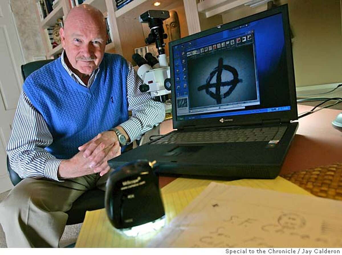 Forensic document examiner LLoyd Cunningham has examined thousands of documents related to the Zodiac killer, he uses a microscope, bottom, to view the documents on his computer at his Indian Wells home. Jay Calderon/special to the Chronicle 03/01/7 cqd jmc