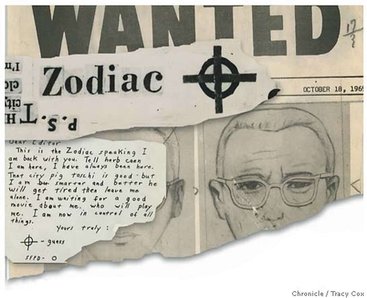 Police sketches on a wanted poster, coded notes delivered to newspapers, the killer�s name spelled in clipped-out letters -- decades-old markers of the bizarre. Chronicle illustration by Tracy Cox