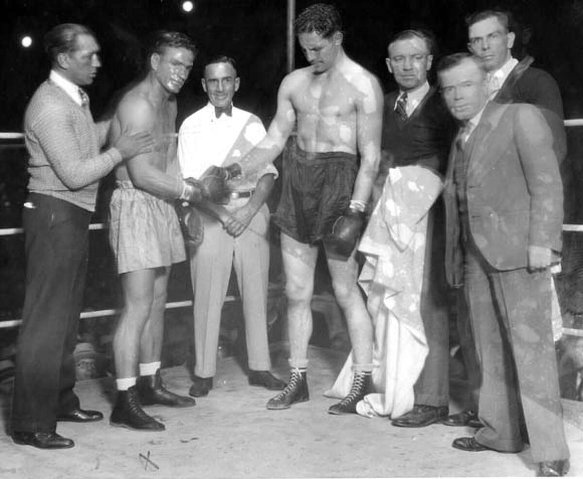 Frank Campbell (left) fought Max Baer (right) at Recreation Park in 1930. Campbell is dangerously hurt in the infamous fight.