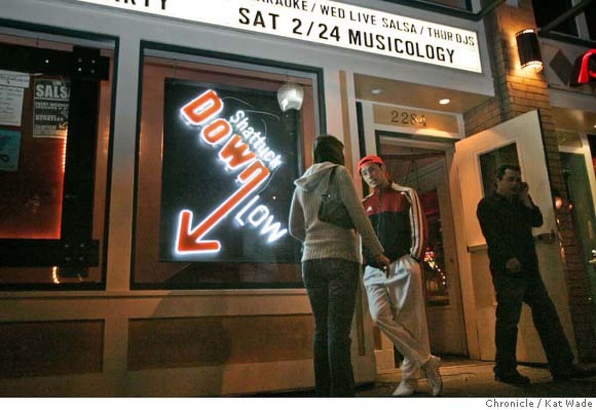 DOWNLOW_182_KW.jpg ( L to R) Nathalie Guidotti and Corey Raynor chat outside the club on Salsa night at the Shattuck Down Low Lounge in Berkeley on Wednesday February 21, 2007. Kat Wade/The Chronicle Nathalie Guidotti and Corey Raynor (CQ, subjects) Mandatory Credit for San Francisco Chronicle and photographer, Kat Wade, No Sales Mags out