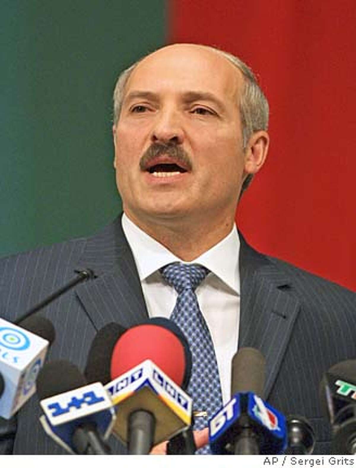 Belarus President Alexander Lukashenko speaks to the media in Minsk, Belarus, Monday, Sept. 10, 2001. Lukashenko said his presidential election victory in this ostracized former Soviet republic Monday was legitimate, even as European monitors pronounced the voting unfair. (AP Photo/ Sergei Grits) DIGITAL IMAGE